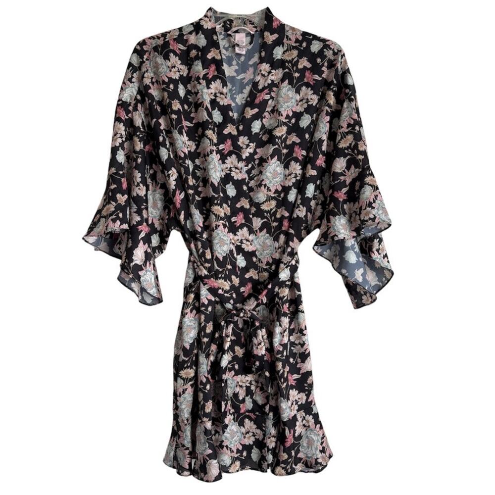 Victoria’s Secret Floral Satin Kimono Robe Black Pink Flutter Sleeve Size Med/Lg